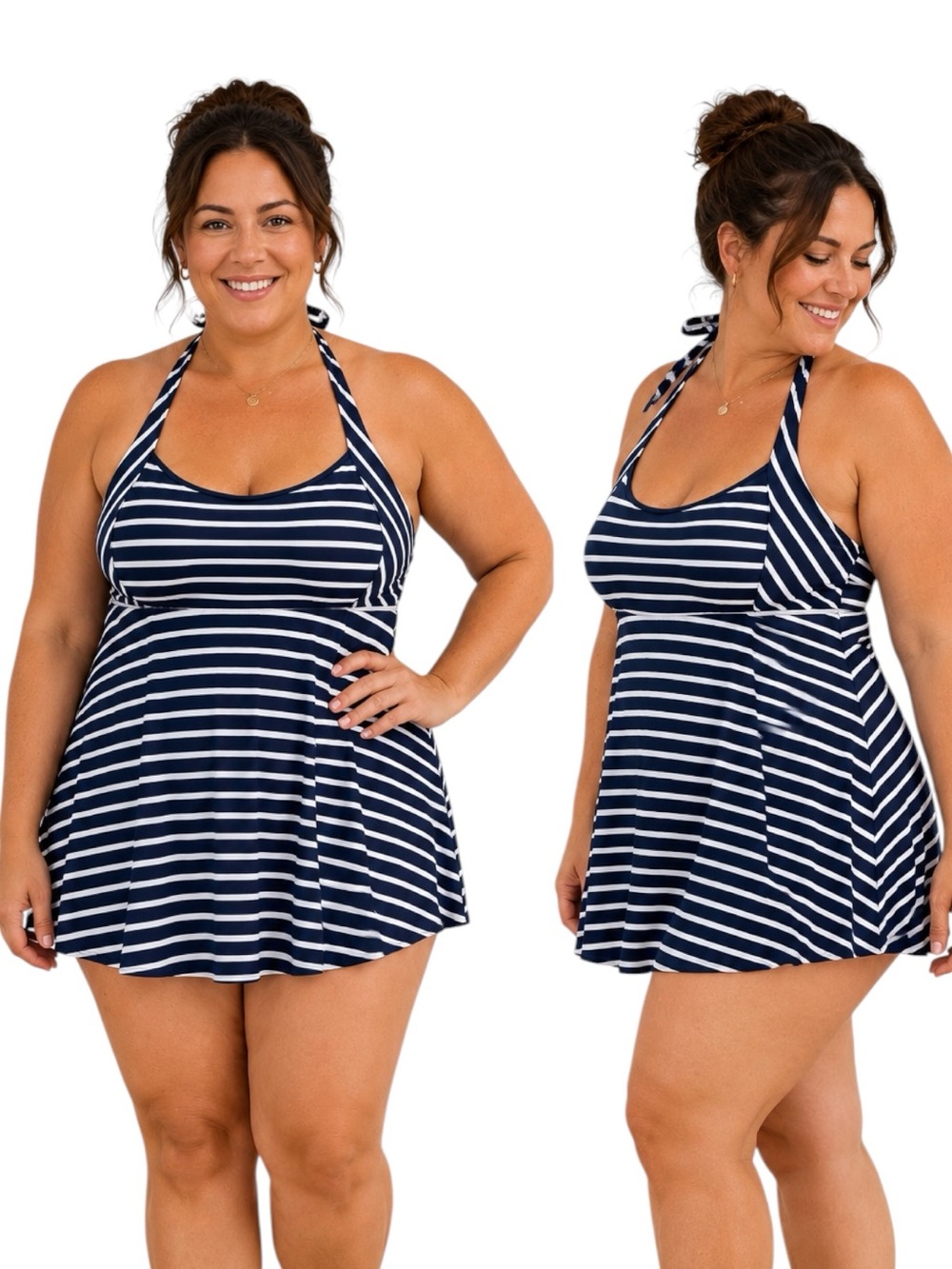 Lands' End 14P Navy White Stripe Halter Swim Dress Tankini Underwire Bra
